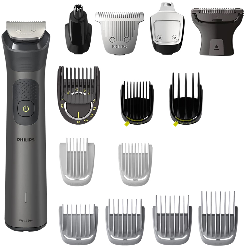 Ciemnoszary trymer Philips Multigroom MG7940/15 przedstawiony z zestawem 14 wymiennych akcesoriów na czystym, białym tle. Widoczne są różnorodne głowice tnące oraz nasadki grzebieniowe do stylizacji zarostu, włosów i ciała, w tym precyzyjne nasadki z regulacją długości.