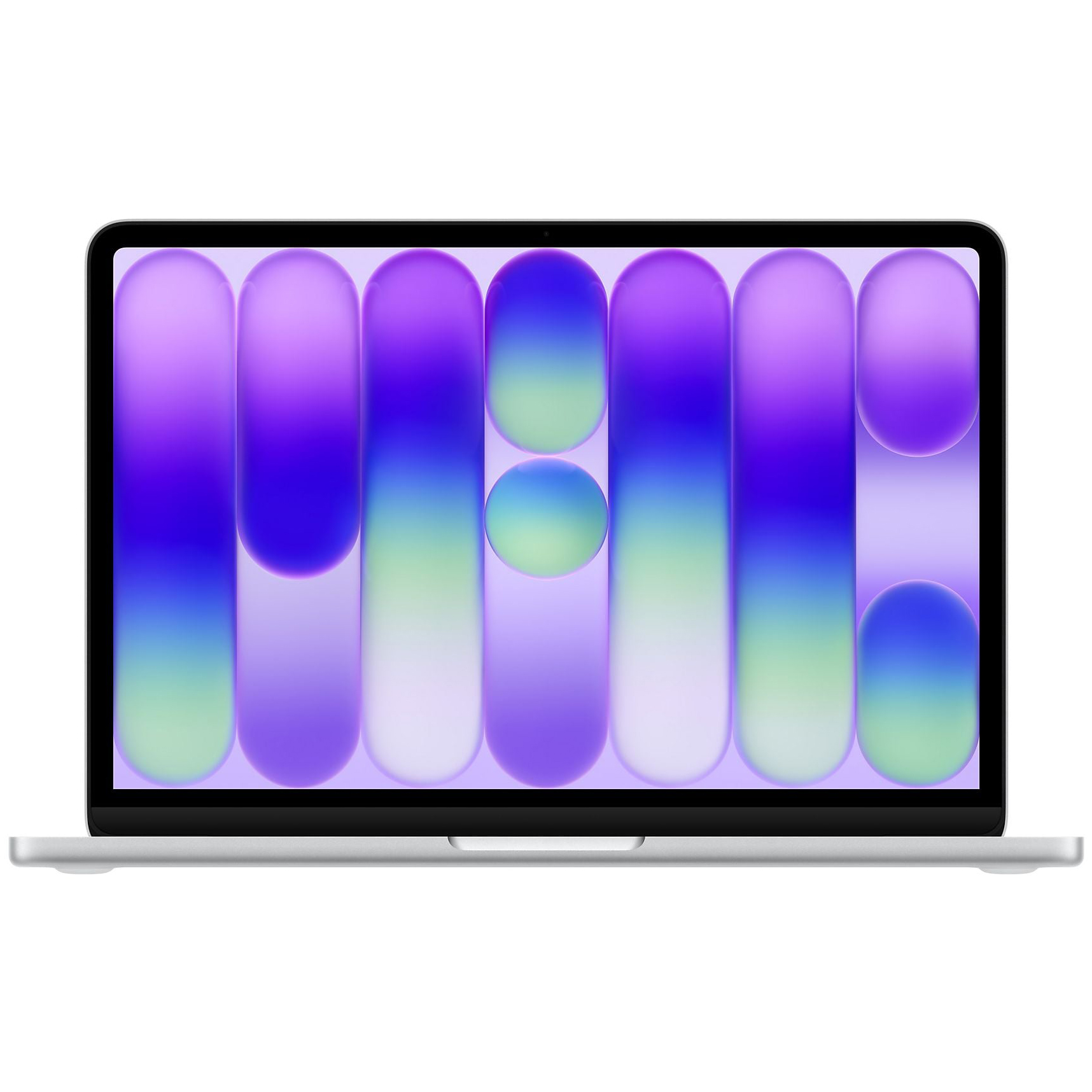 Srebrny Apple MacBook Neo 2026 widoczny od przodu. Laptop ma smukłą obudowę, wąskie czarne ramki ekranu oraz kolorową, abstrakcyjną tapetę z pionowymi bąblami w tonacji fioletowo-niebieskiej. Całość na czystym białym tle.