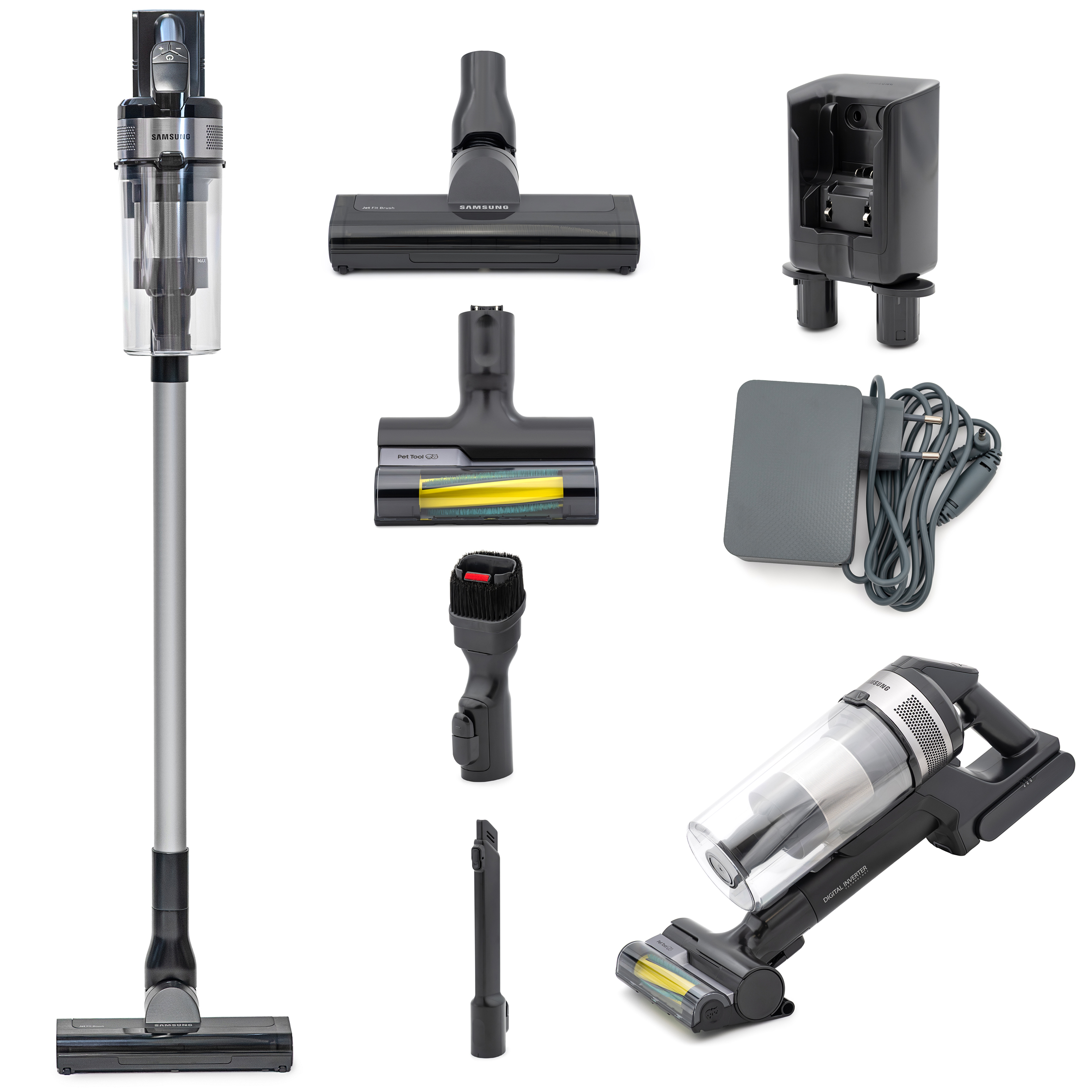 Odkurzacz pionowy Samsung Jet 65 Pet z zestawem akcesoriów na białym tle. Widoczna jest długa jednostka główna, stacja dokująca, zasilacz oraz cztery specjalistyczne końcówki, w tym Pet Tool z żółtymi detalami. W dolnym rogu przedstawiono odkurzacz w formie ręcznej.