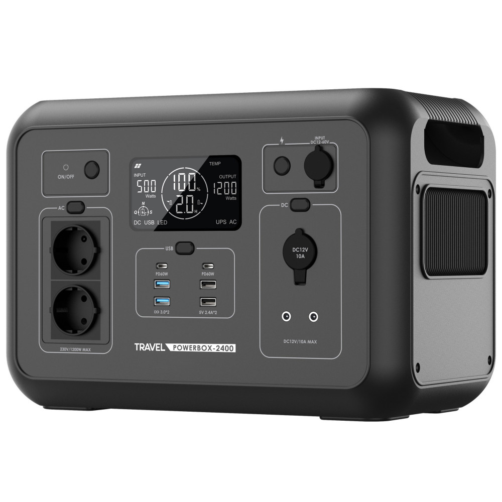 Widok z przodu na profesjonalną stację zasilania Travel Powerbox-2400 marki VOLT Polska. Urządzenie o mocy 1200W z funkcją UPS posiada wyświetlacz LCD, dwa gniazda 230V oraz rozbudowany panel portów USB i DC, zamknięte w wytrzymałej, mobilnej obudowie.