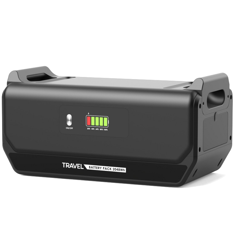 Dodatkowy magazyn energii VOLT Polska Travel Battery Pack 2048Wh. Zdjęcie prezentuje czarną obudowę z uchwytami, przyciskiem zasilania oraz diodowym wskaźnikiem naładowania akumulatora, przeznaczoną do rozbudowy pojemności stacji zasilania.