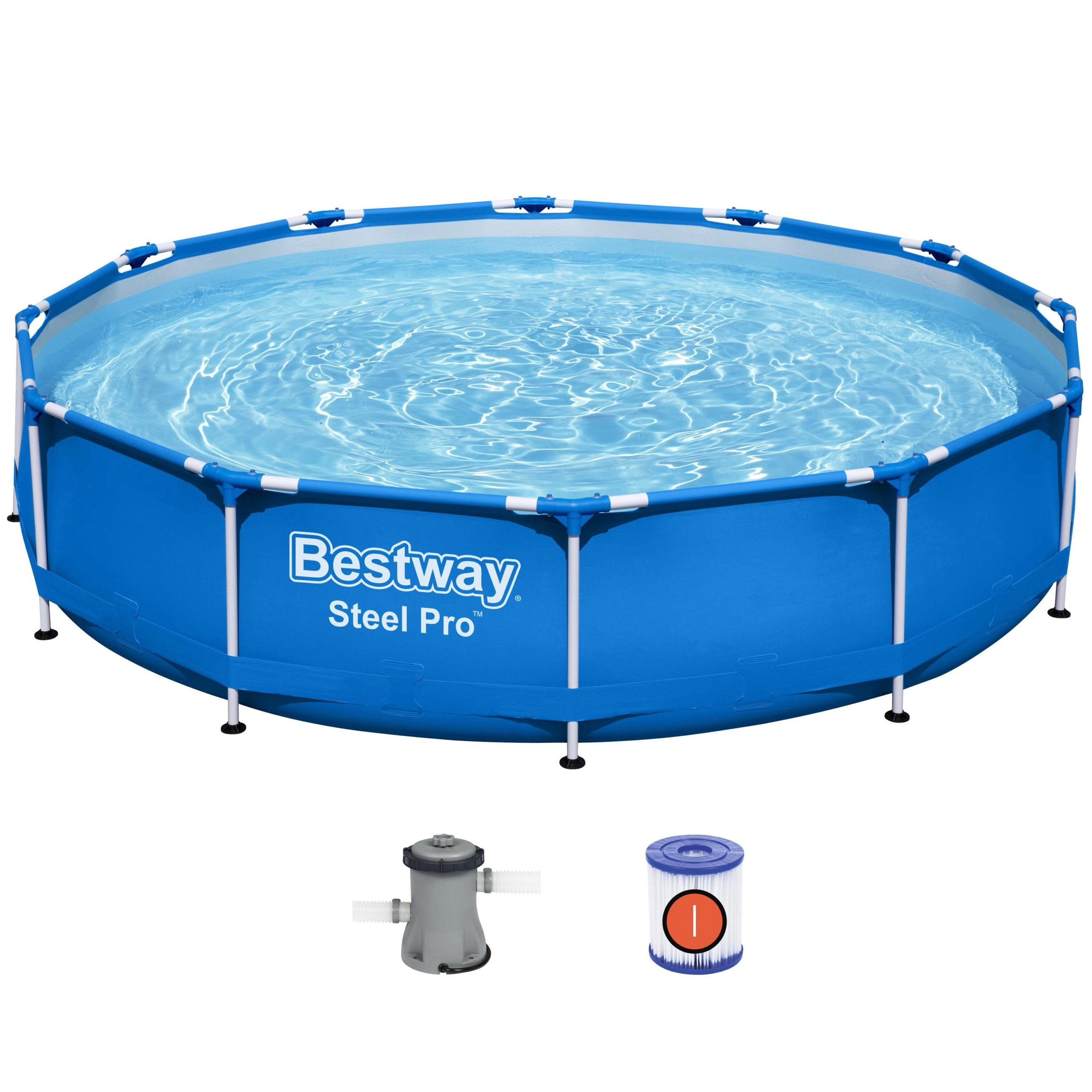 Okrągły niebieski basen stelażowy Bestway Steel Pro o wymiarach 366 na 76 cm. Na białym tle widoczny jest basen wypełniony wodą oraz dołączone do zestawu akcesoria: pompa filtrująca i wkład filtrujący typu I. Basen posiada biały metalowy stelaż.