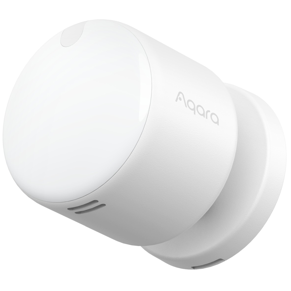 Biały czujnik obecności Aqara FP300 na okrągłej, regulowanej podstawie, widok z boku na białym tle. Urządzenie o cylindrycznym kształcie posiada matową obudowę z napisem Aqara, przycisk na górze oraz charakterystyczne otwory w dolnej części.