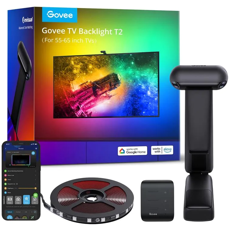 Zestaw Govee TV Backlight T2 zawierający taśmę LED na rolce, podwójną kamerę oraz kontroler na tle oryginalnego opakowania. Obok widoczny smartfon z aplikacją mobilną do sterowania oświetleniem. Całość prezentuje pełne wyposażenie produktu.