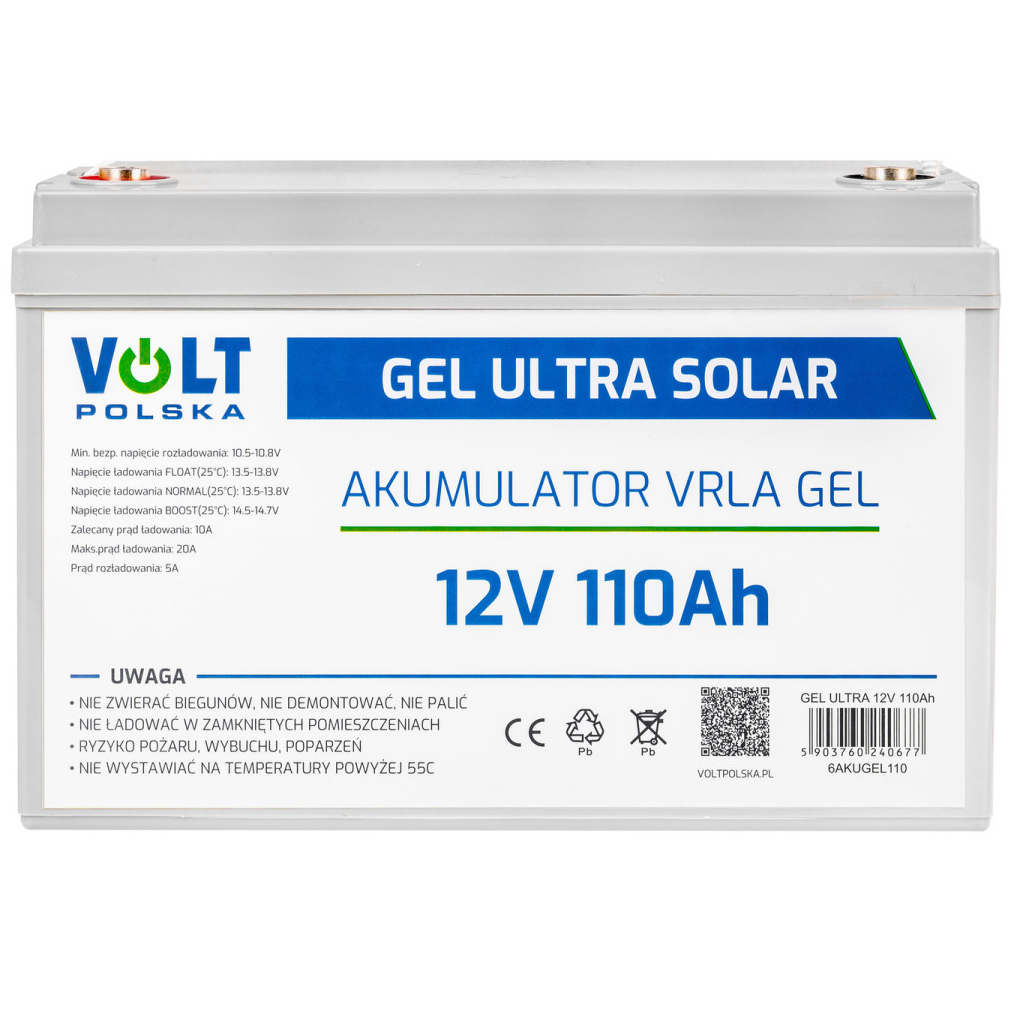 Akumulator żelowy Volt Polska Gel Ultra Solar 12V 110Ah VRLA Gel. Jasnoszara obudowa z białą etykietą zawierającą parametry techniczne i ostrzeżenia. Widok od frontu na białym tle.