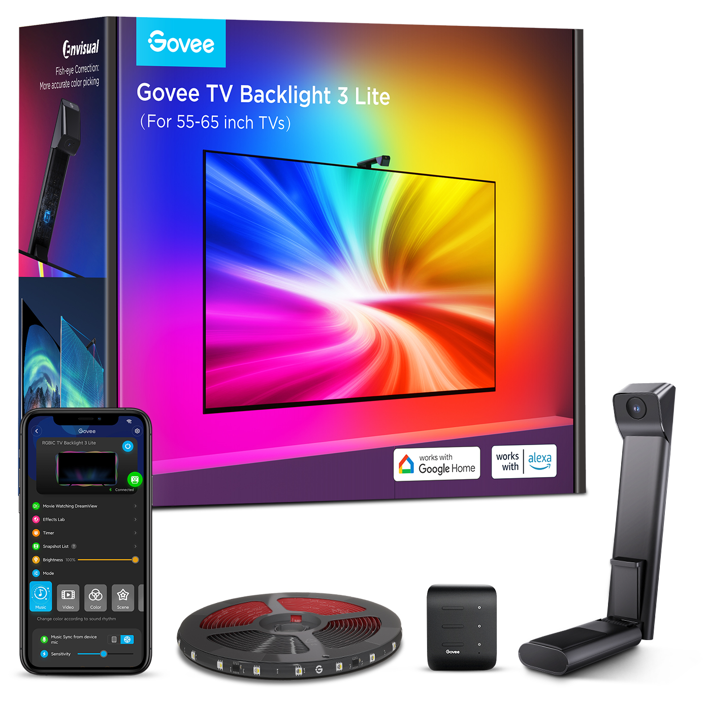 Zestaw Govee TV Backlight 3 Lite zawierający taśmę LED na rolce, kamerę, kontroler oraz smartfon z aplikacją na tle oryginalnego opakowania. Produkt przeznaczony do podświetlenia telewizorów o przekątnej 55-65 cali, oferujący wielokolorowe efekty RGBICW synchronizowane z obrazem.