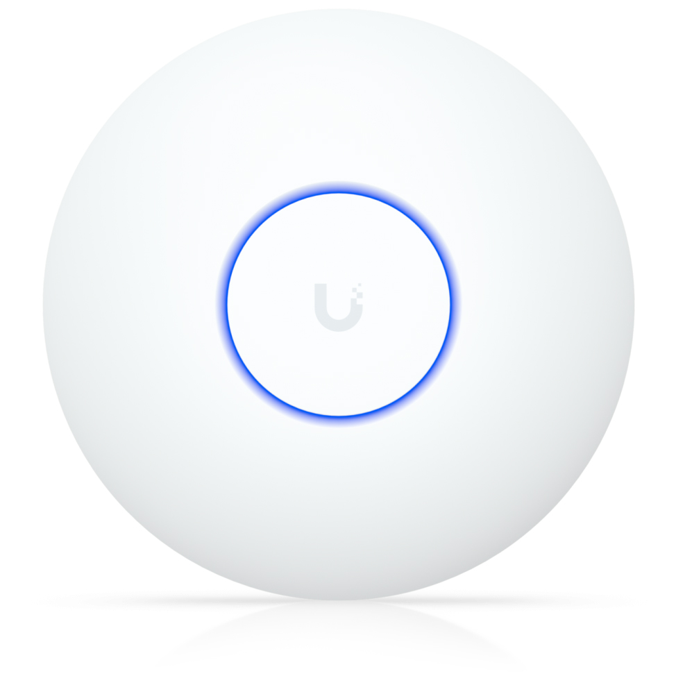 Biały, okrągły punkt dostępowy Ubiquiti U7 Lite z centralnie umieszczonym niebieskim pierścieniem LED. Widok z przodu na gładką, matową obudowę z logo producenta pośrodku. Urządzenie prezentuje nowoczesny i minimalistyczny design.