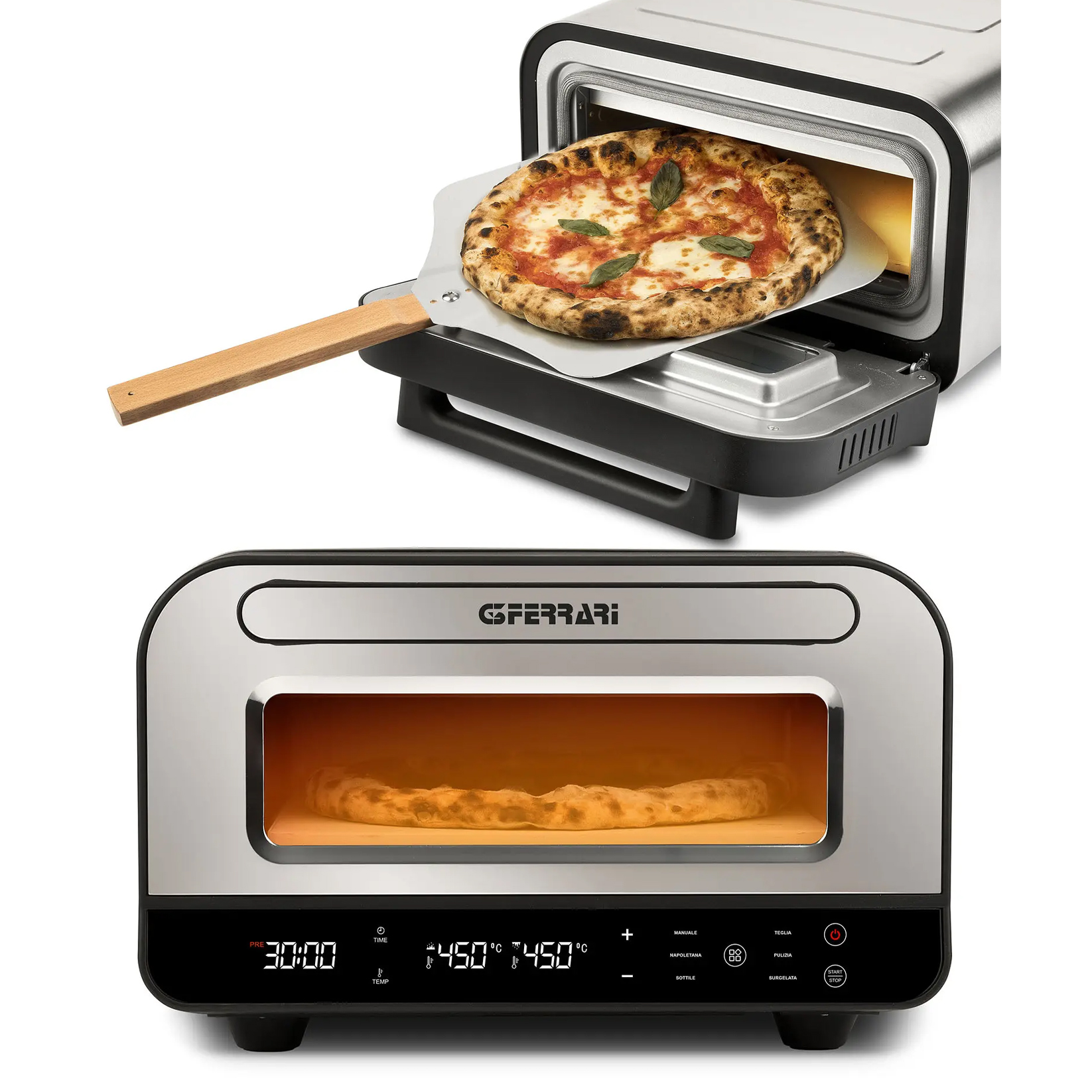 Piec do pizzy G3Ferrari Pizza Pro G10204 wykonany ze stali nierdzewnej, pokazany w dwóch ujęciach. Górne zdjęcie przedstawia wkładanie pizzy do środka, a dolne frontowy panel sterowania z wyświetlaczem wskazującym temperaturę 450°C i czas 30 minut.