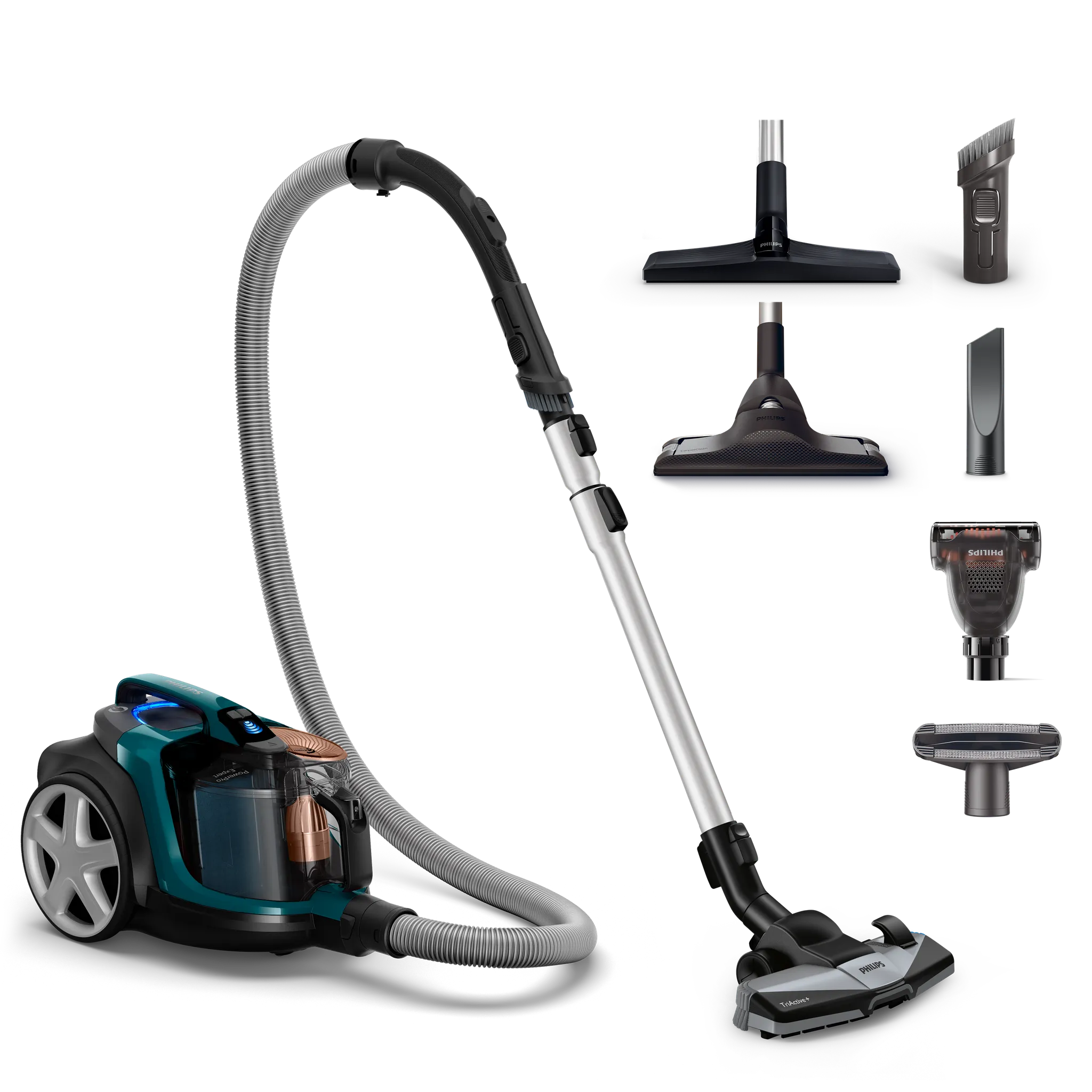 Turkusowo-czarny odkurzacz bezworkowy Philips PowerPro Max FC9744/09 z przezroczystym pojemnikiem na kurz, na białym tle. Do urządzenia podłączona jest teleskopowa rura z zamontowaną ssawką TriActive+.