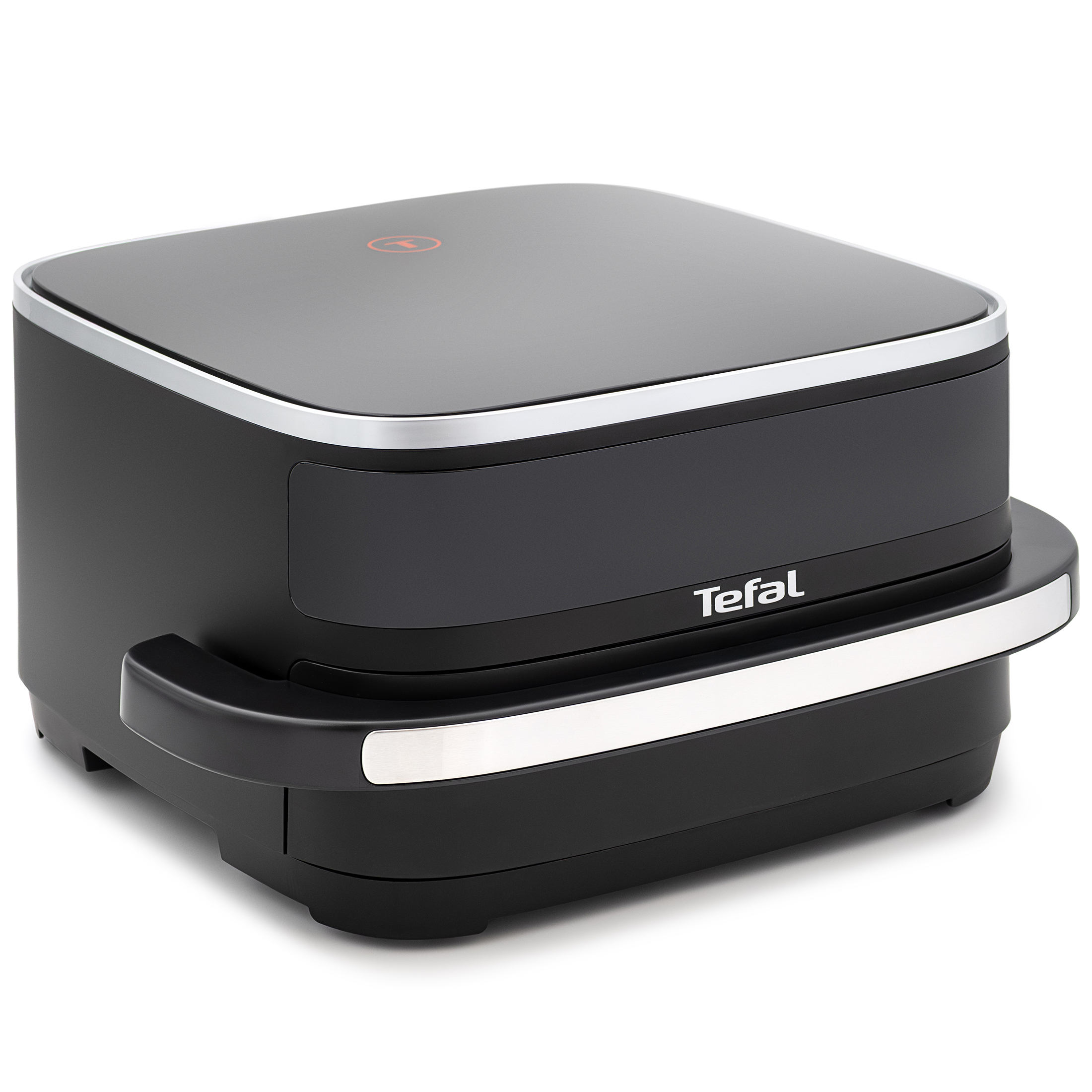 Czarna frytkownica Tefal Easy Fry XL FW4018E0 widziana z perspektywy górnej bocznej na białym tle. Urządzenie ma matową obudowę, srebrne listwy dekoracyjne oraz szeroki, wygodny uchwyt do wysuwania szuflady z widocznym logo marki.