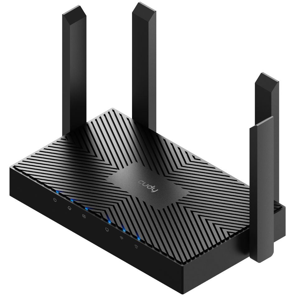 Router Cudy WR3000 Gigabit WiFi AX3000 w kolorze czarnym z czterema antenami, widok pod skosem na białym tle. Górna część obudowy ma unikalną teksturę w paski z logo cudy w centralnym punkcie. Z przodu widoczny jest rząd świecących na niebiesko wskaźników LED informujących o stanie pracy urządzenia.