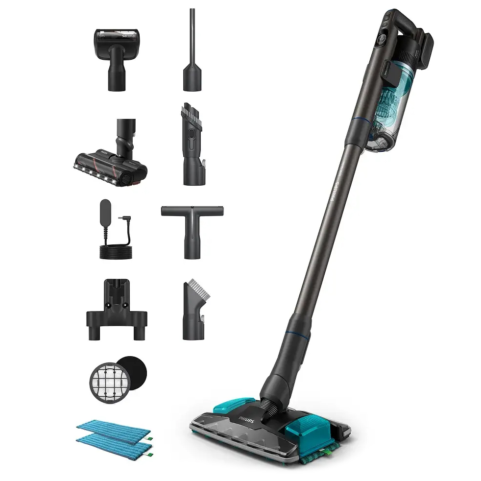 Odkurzacz pionowy Philips SpeedPro 8000 XC8157/01 pokazany z bogatym zestawem akcesoriów na białym tle. Urządzenie w kolorze ciemnoszarym wyposażone jest w podświetlaną ssawkę z funkcją mopowania Aqua. Wśród widocznych elementów znajdują się dodatkowe ssawki, turboszczotka, filtr, ładowarka oraz wkłady mopujące z mikrofibry.