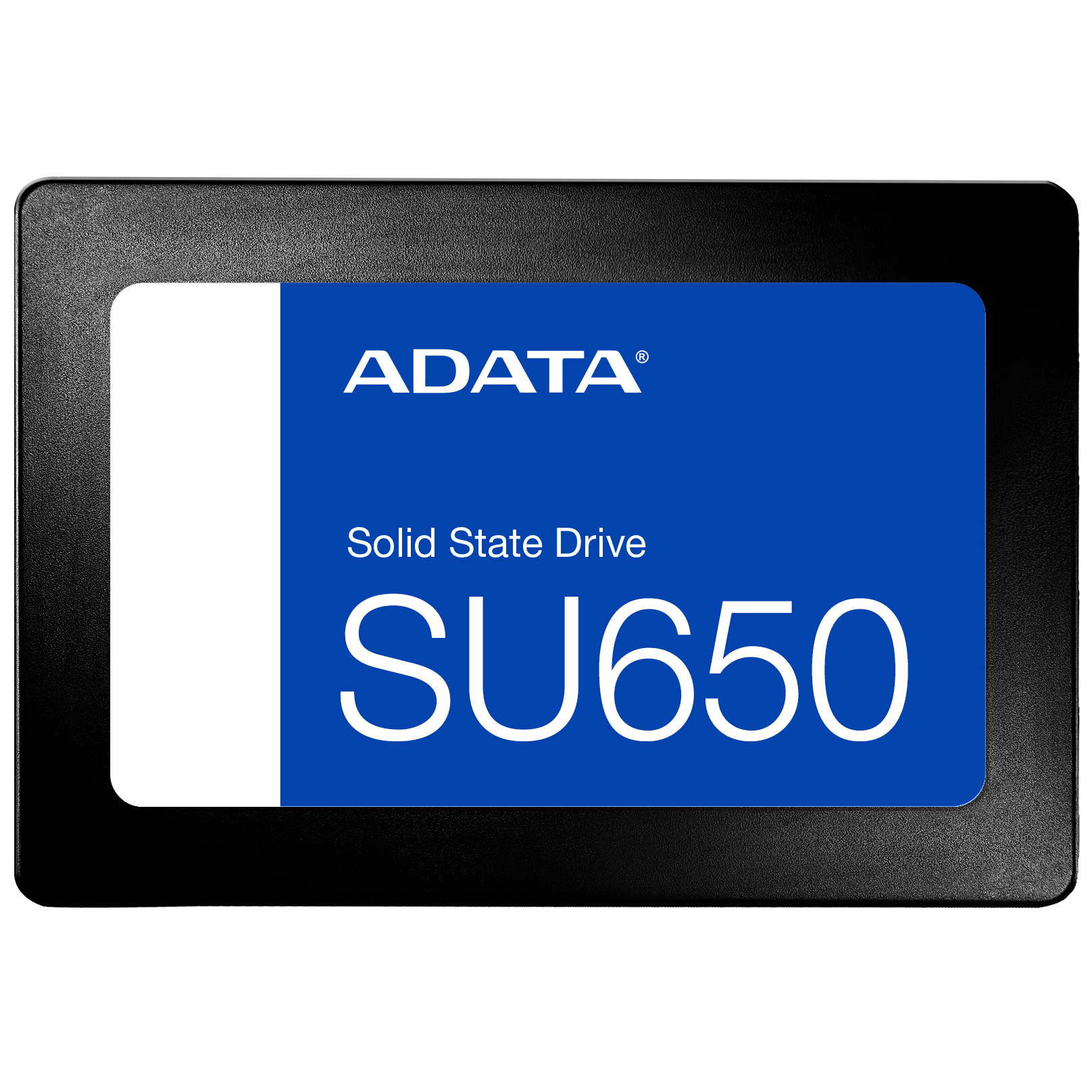 Dysk SSD ADATA Ultimate SU650 1TB w czarnej obudowie, widok z przodu na białym tle. Na urządzeniu widoczna jest charakterystyczna niebieska naklejka z białym napisem SU650 oraz logo producenta.