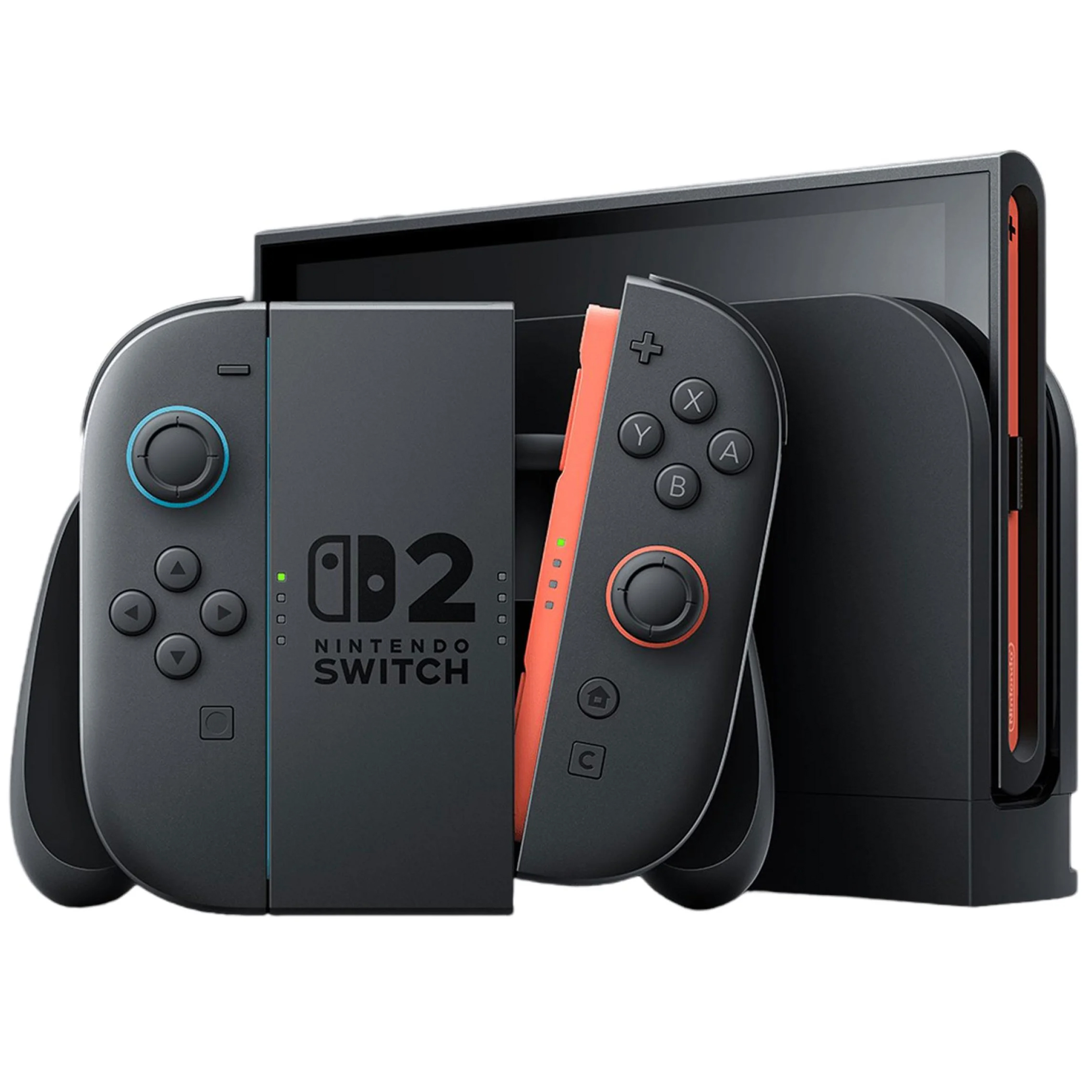Konsola Nintendo Switch 2 w czarnej stacji dokującej, widok z przodu na białym tle. Na pierwszym planie wyeksponowano dwa kontrolery Joy-Con – lewy z niebieskim pierścieniem wokół gałki i dużym logo z cyfrą 2, oraz prawy z czerwonymi akcentami i przyciskami funkcyjnymi A, B, X, Y.