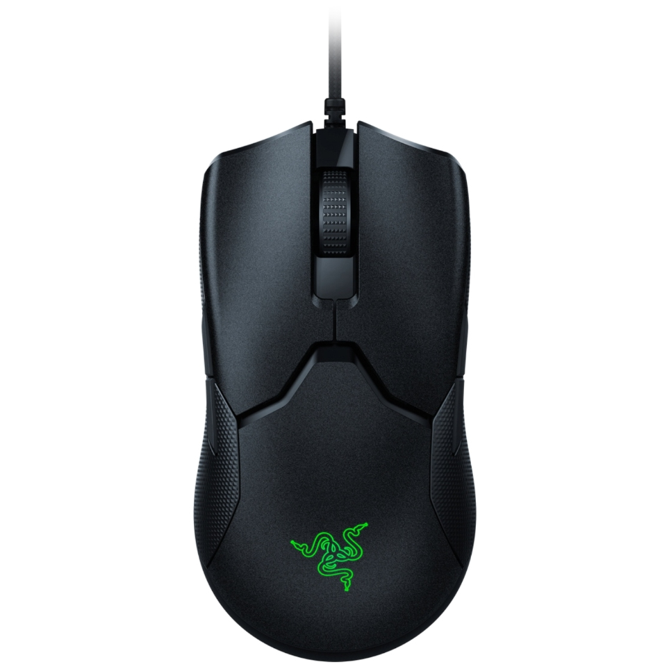 Czarna mysz gamingowa Razer Viper 8KHz widziana z góry na białym tle. Urządzenie ma symetryczny kształt, matową powierzchnię i jaskrawozielone podświetlane logo Razer w dolnej części. W górnej części widoczne jest kółko przewijania i kabel.