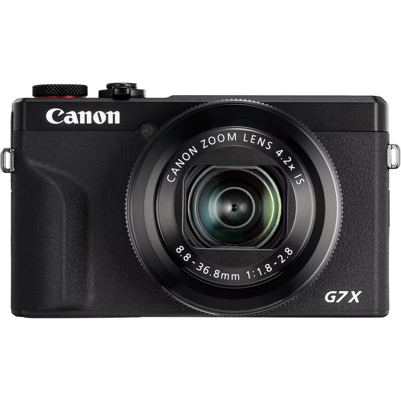 Czarny aparat kompaktowy Canon PowerShot G7X Mark III na białym tle, widok od przodu. Korpus ma chropowatą strukturę z białym logo CANON oraz wyraźnym oznaczeniem modelu G7X. Centralne miejsce zajmuje duży obiektyw zmiennoogniskowy z widocznymi parametrami optycznymi oraz czerwonym akcentem przy górnym pokrętle.