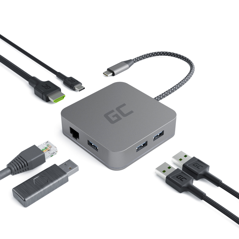 HUB USB-C ADAPTER USB 6W1 3x USB 3.0 USB C ETHERNET HDMI 4K Green Cell