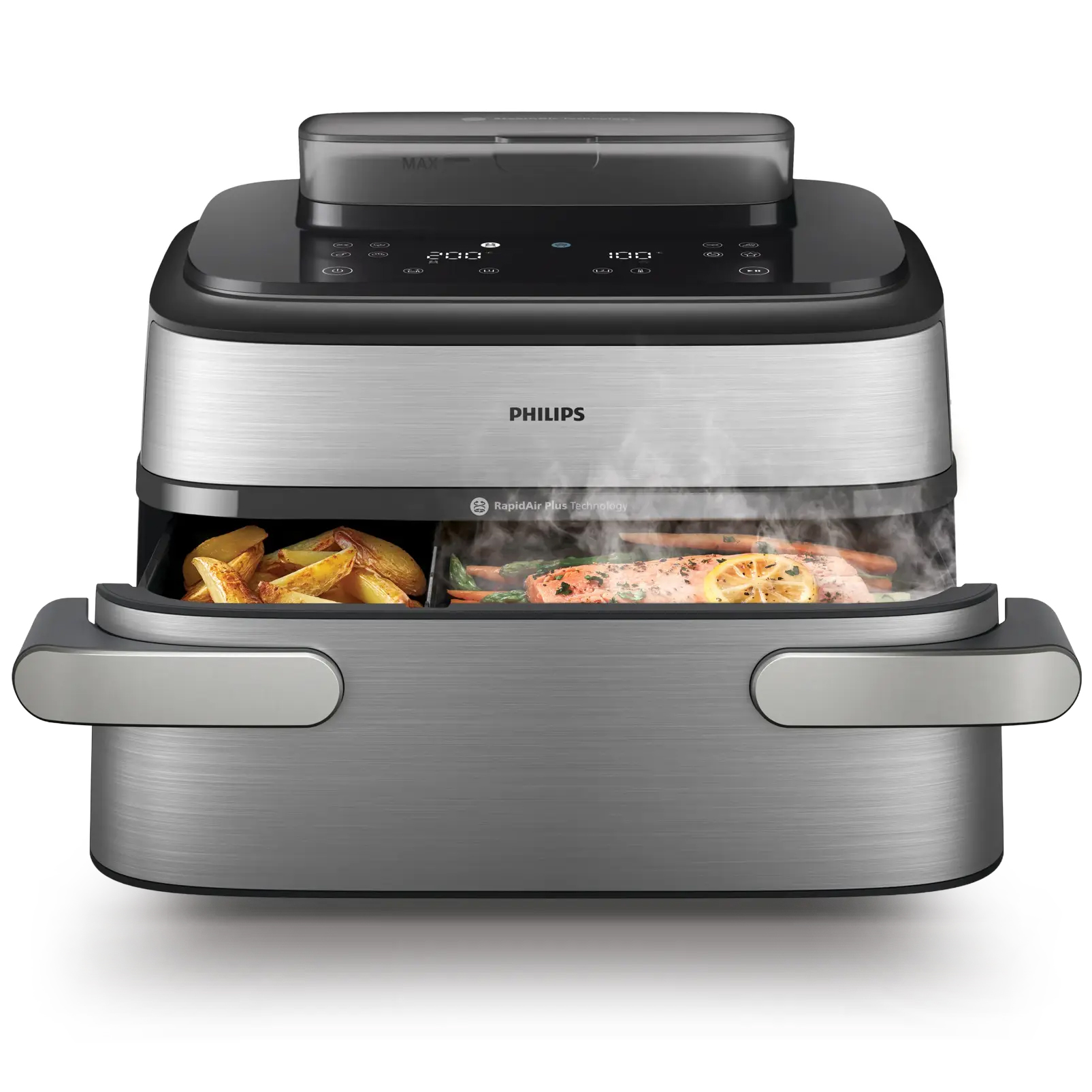 Frytkownica beztłuszczowa Philips NA565/02 z obudową ze szczotkowanego metalu, widok od przodu na białym tle. Urządzenie ma lekko wysuniętą szufladę z dwiema strefami, w których pieką się ziemniaczki oraz filet z łososia z warzywami, z których unosi się para. Górny czarny panel wyświetla liczby 200 i 100.