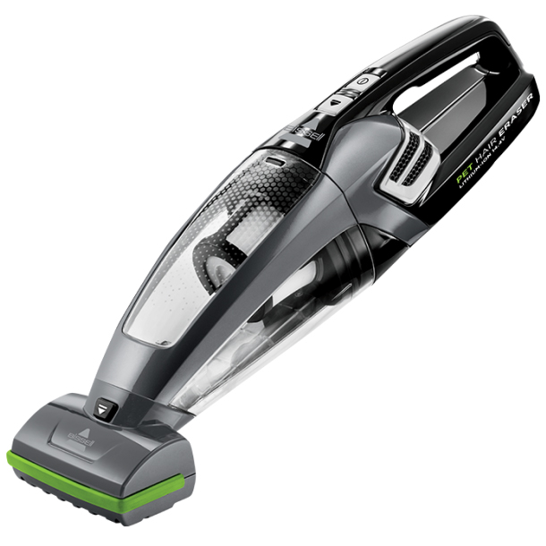Czarno-szary odkurzacz ręczny Bissell Pet Hair Eraser 2278N ujęty pod kątem na białym tle. Widoczna jest nakładana turboszczotka z jasnozielonym elementem, przezroczysty pojemnik na kurz z filtrem oraz uchwyt z przyciskiem zasilania i napisem informującym o napięciu 14.4V.