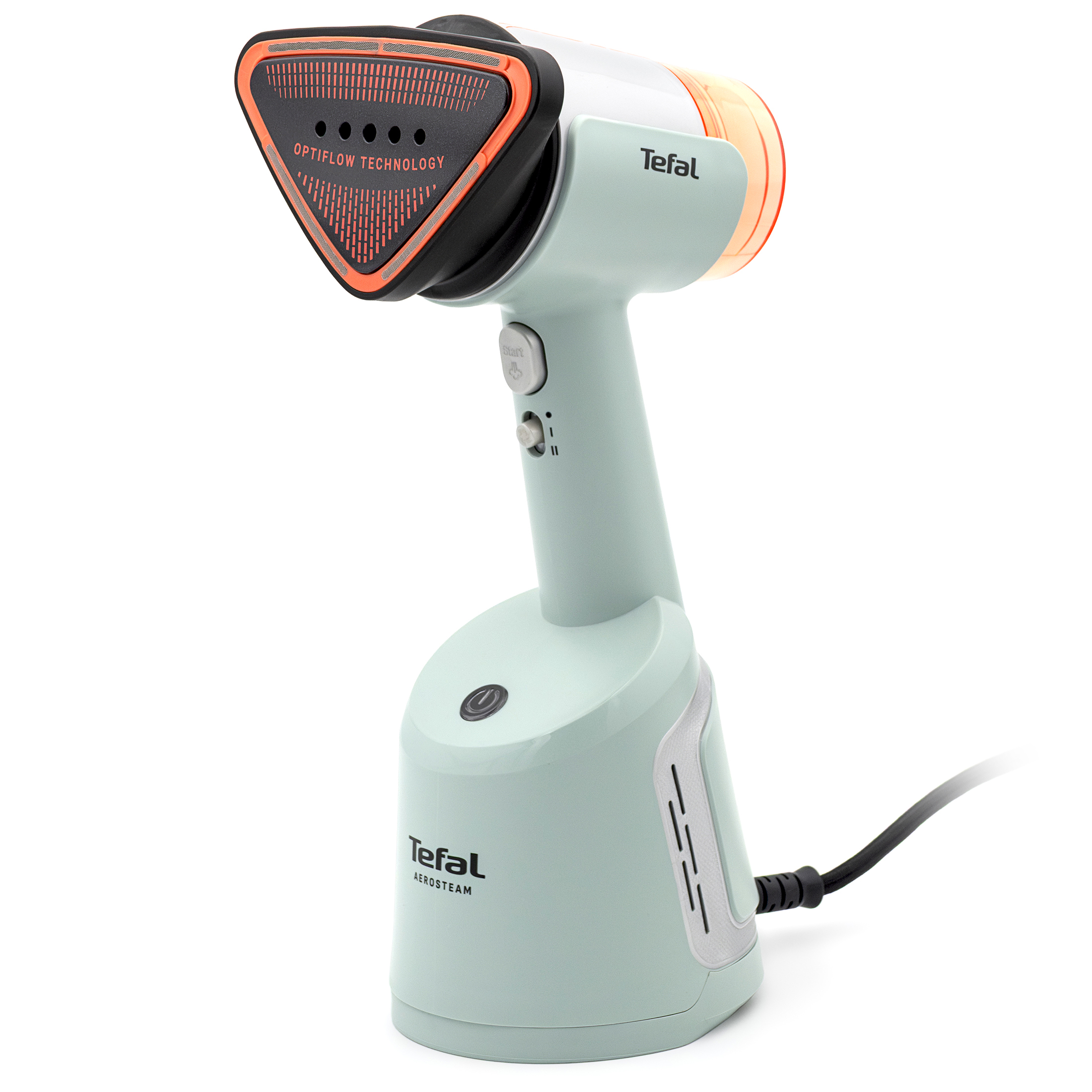 Jasnomiętowa parownica Tefal AeroSteam DT9814 OptiFlow pokazana z boku na białym tle. Widoczna jest trójkątna głowica z pomarańczową obramówką i napisem OPTIFLOW TECHNOLOGY, półprzezroczysty zbiornik na wodę, przyciski sterujące na rękojeści oraz stabilna podstawa z kablem zasilającym.